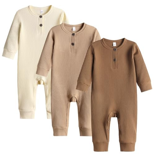Bafeicao Baby Boy Girl 3 Pack Solid Romper Ribbed Long Sleeve Bodysuit Jumpsuit Infant Knitted Outfits Clothes, Beige+Khaki+Brown, Newborn | Amazon (US)