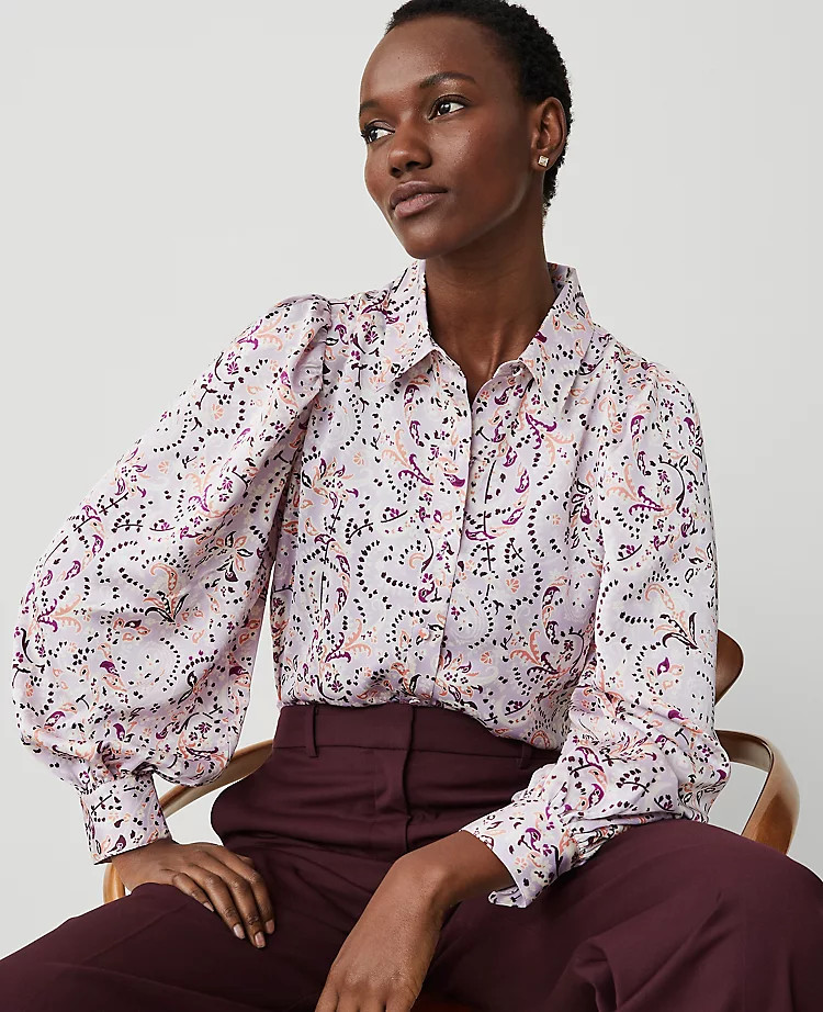 Petite Paisley Collared Puff Sleeve Shirt | Ann Taylor
