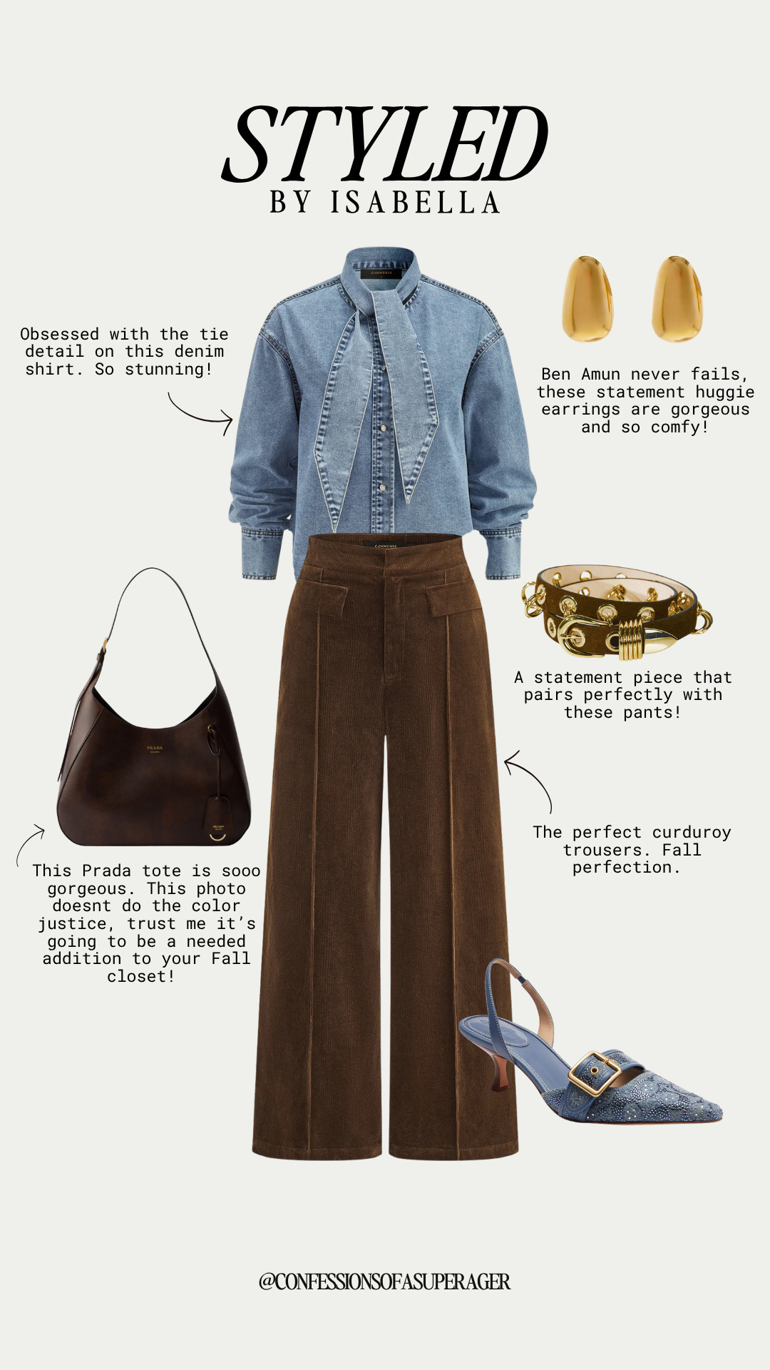 Fall perfection in rich textures and chic statement accessories 🤎 This denim tie-detail shirt and brown corduroy trousers create the perfect elevated fall outfit, styled with a Prada-inspired tote, chunky gold earrings, statement cuff bracelet, and elegant slingback heels. A sophisticated neutral look that's effortlessly polished and perfect for women who love timeless style! Tap to shop my fall fashion favorites ✨ #FallFashion #FallOutfits #DenimStyle #CorduroyPants #NeutralStyle #ElevatedStyle #ChicStyle #Over50Fashion #FashionOver50 #AgelessStyle #FallWardrobe #LTKStyle #LTKFashion #ConfessionsOfASuperAger

#LTKootd #LTKSeasonal #LTKSaleAlert