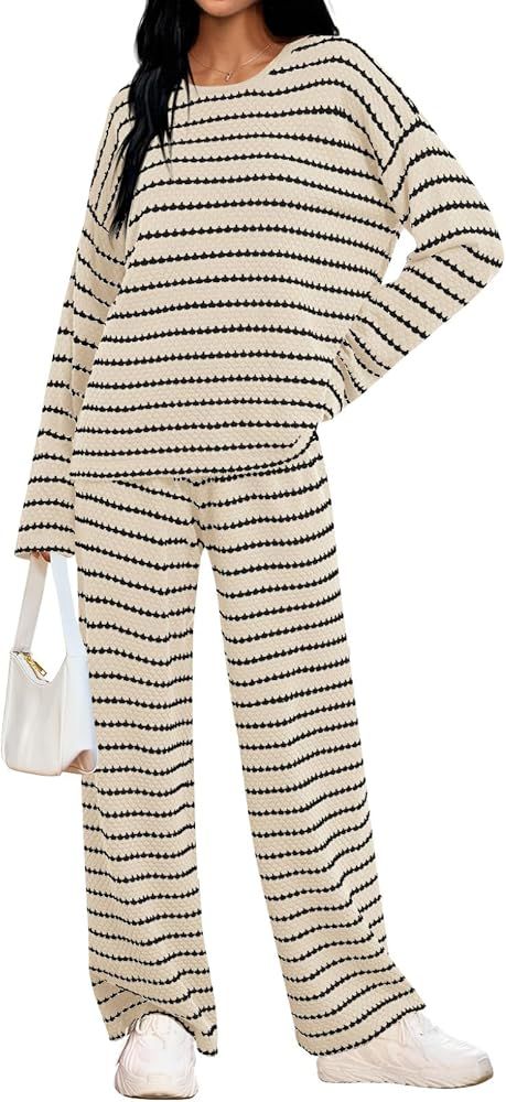 MEROKEETY Women's Two Piece Sweater Sets Trendy Striped Long Sleeve Top Wide Leg Pants Matching O... | Amazon (US)