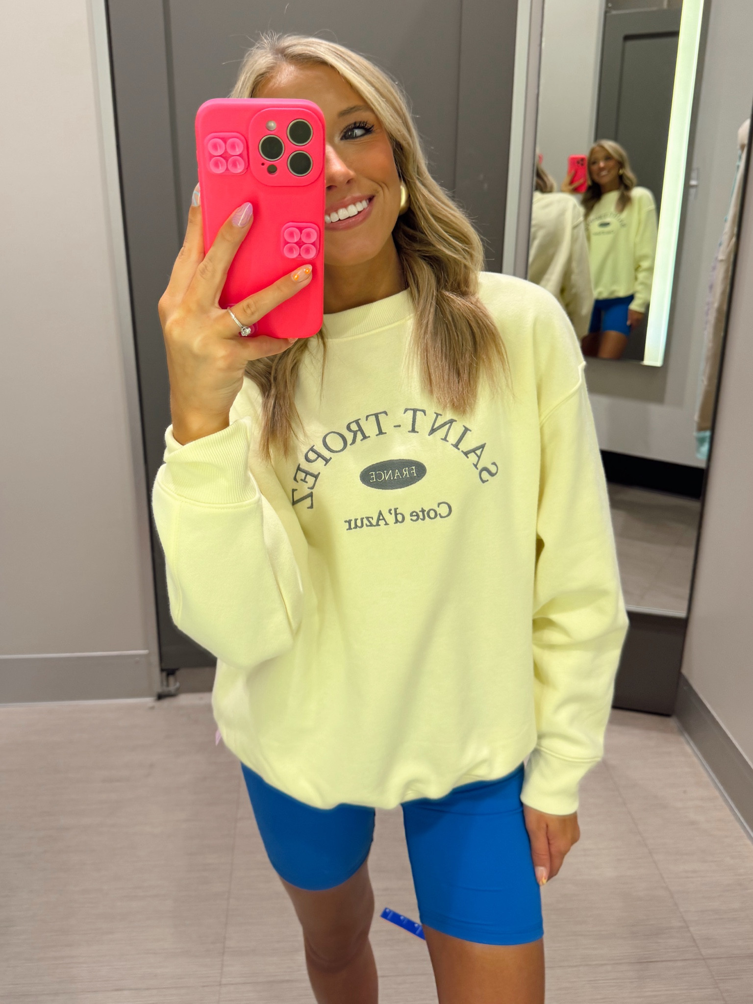 Perfect crewneck for spring✨💛🩵
Size xs sweatshirt 
Size small biker shorts

#LTKstyletip #LTKsalealert #LTKfindsunder50