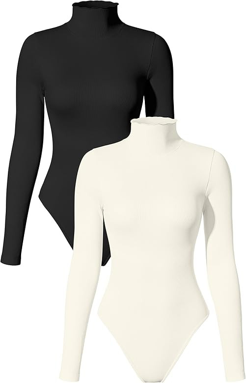 TOB Women's 2 Piece Bodysuits Sexy Ribbed Long Sleeve High Neck Tops Bodysuits | Amazon (US)