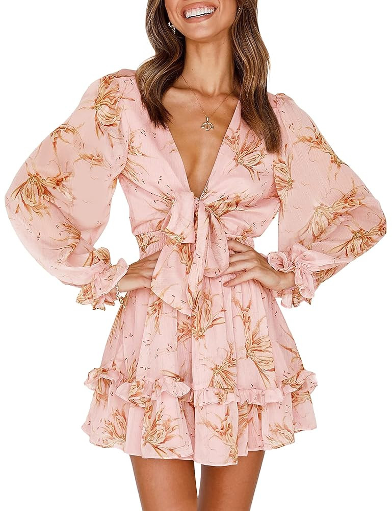 AIMCOO Women's Long Puff Sleeves Knot Front Short Dress Smocked Waist Solid Ruffle Mini Dresses V... | Amazon (CA)