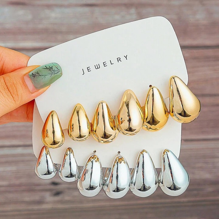 3-6pairs New Trendy Teardrop Style Mixed Metal Elegant Earrings Set | SHEIN