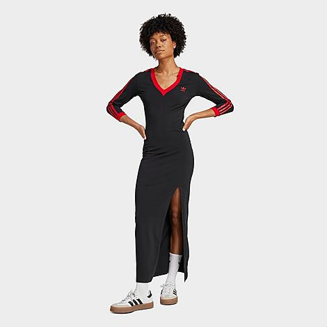 adidas Women's Originals adicolor Classics 3-Stripes V-Neck Maxi Dress in Black/Better Scarlet Size: XS | Finish Line (US)
