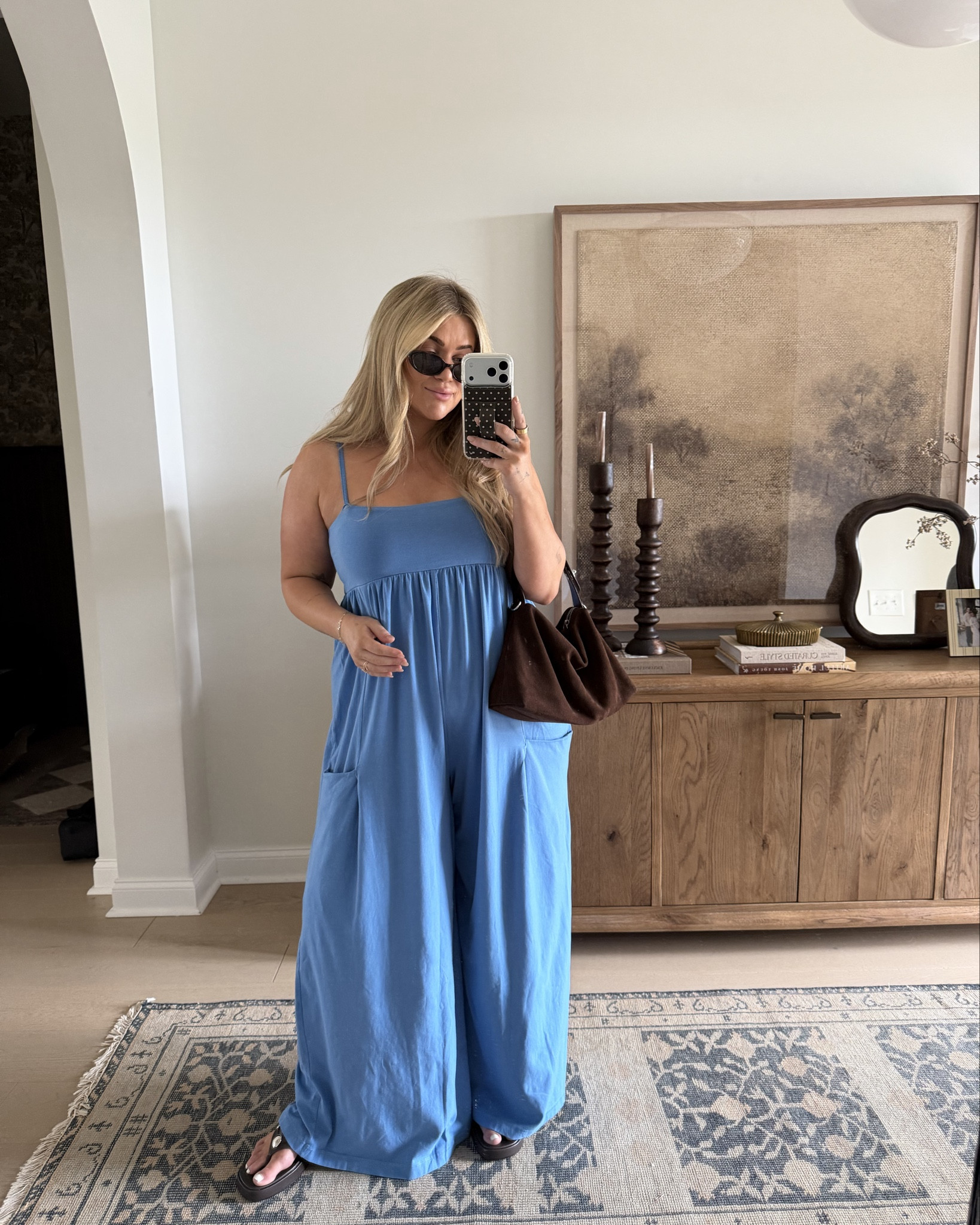 Recent FP movement haul!! #postpartum 
Blue jumpsuit — large 
Green set — XL 
Dress — XL 
Oversized tshirt — medium (size down) 
Leggings — large 