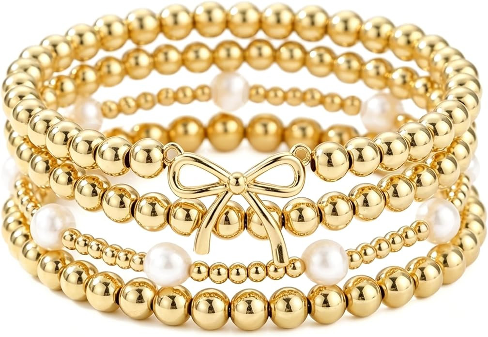 Gold Beaded Bow Heart Paperclip Pearl Stack Bracelet Set for Women, 4Pcs Handmade Golden Beads Pe... | Amazon (US)