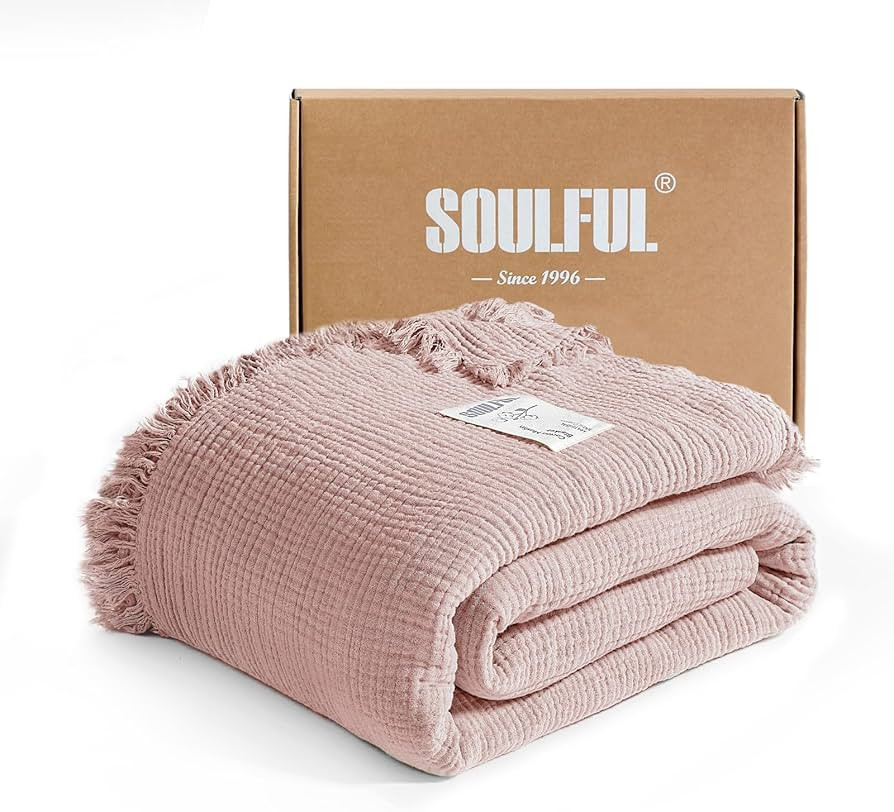 SOULFUL Muslin Throw Blanket with Tassels - Soft Queen Cotton Throw Blanket for Couch or Bed, Lig... | Amazon (US)
