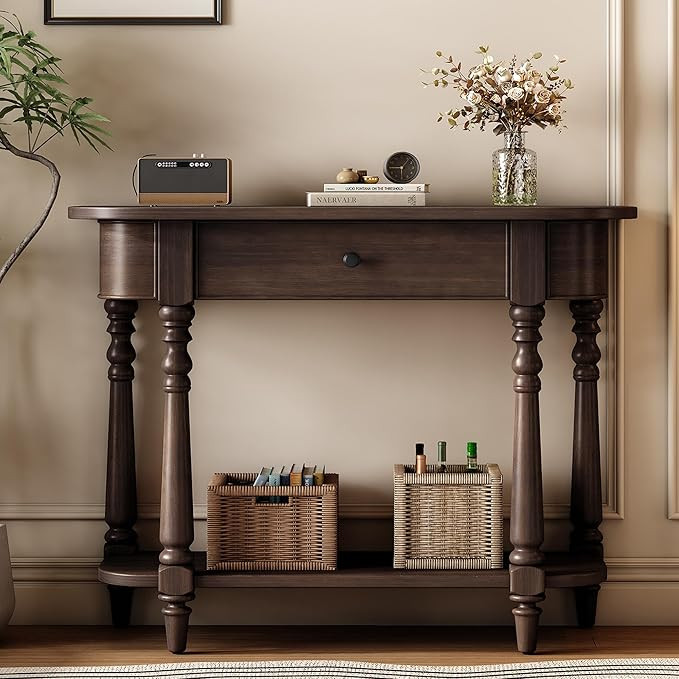 Amposei Small Curved Console Table 36-Inch Retro Farmhouse Wood Entry Sofa Table with Drawer & St... | Amazon (US)