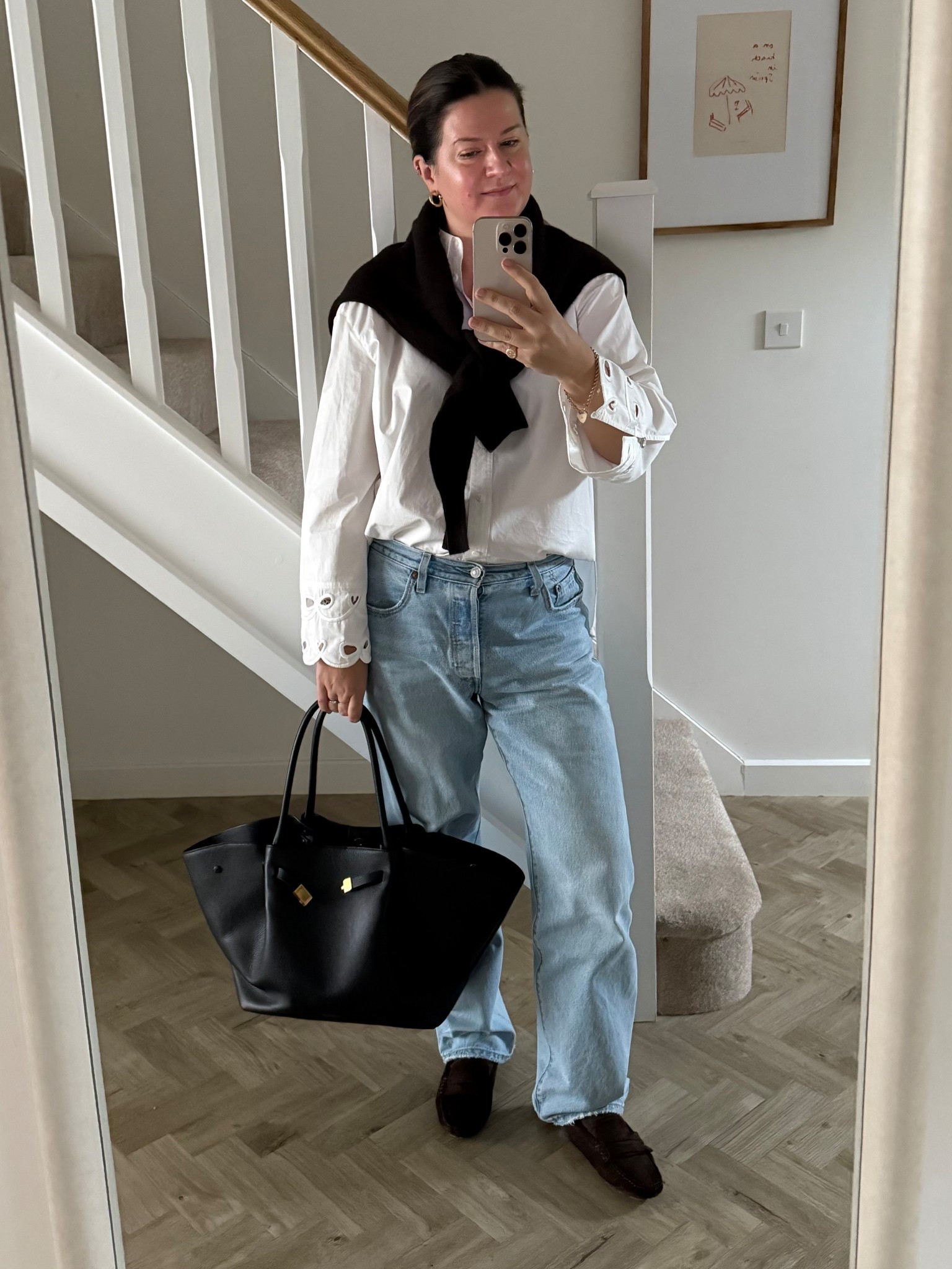 My trusty 501’s (I like the 90’s fit ones) are my comfort zone. Giving them a preppy spin with a crisp white shirt, shoulder robing and knotting a chocolate brown jumper and finishing with a tote and brown suede loafers 

#LTKuk #LTKautumn #LTKwinter