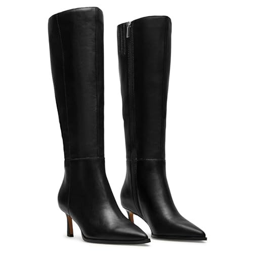 MICIFA Black Kitten Heel Knee High Boots for Women Tall Leather Boots Stiletto Pointed Toe Gogo Tall Boots Cherry Wine Red Dress Boots | Amazon (US)