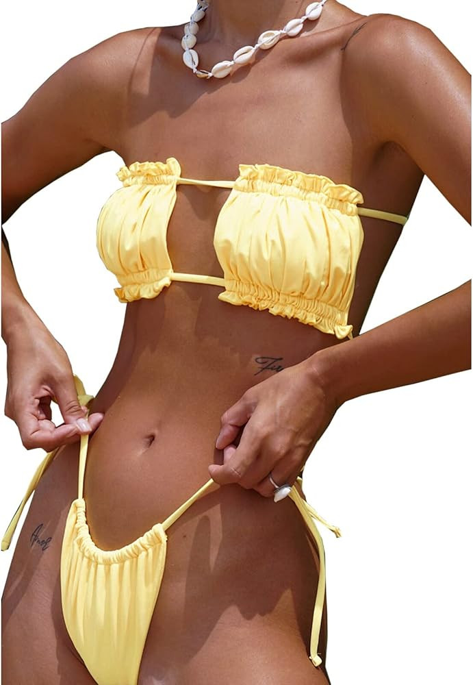 BIKINX Womens Sexy Thong Bikini Set Ruffle Swimsuit Micro Bandeau 2 Piece Bathing Suit Tie Side B... | Amazon (US)