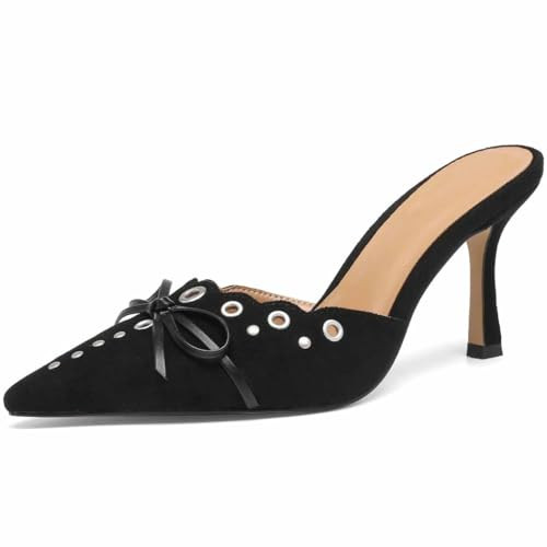 BIUBAKUA Black Kitten Heels for Women Pointed Toe Heels Studded Silp On Bow Heels Mules Faux Suede Sandals Kitten Heel Pumps | Amazon (US)