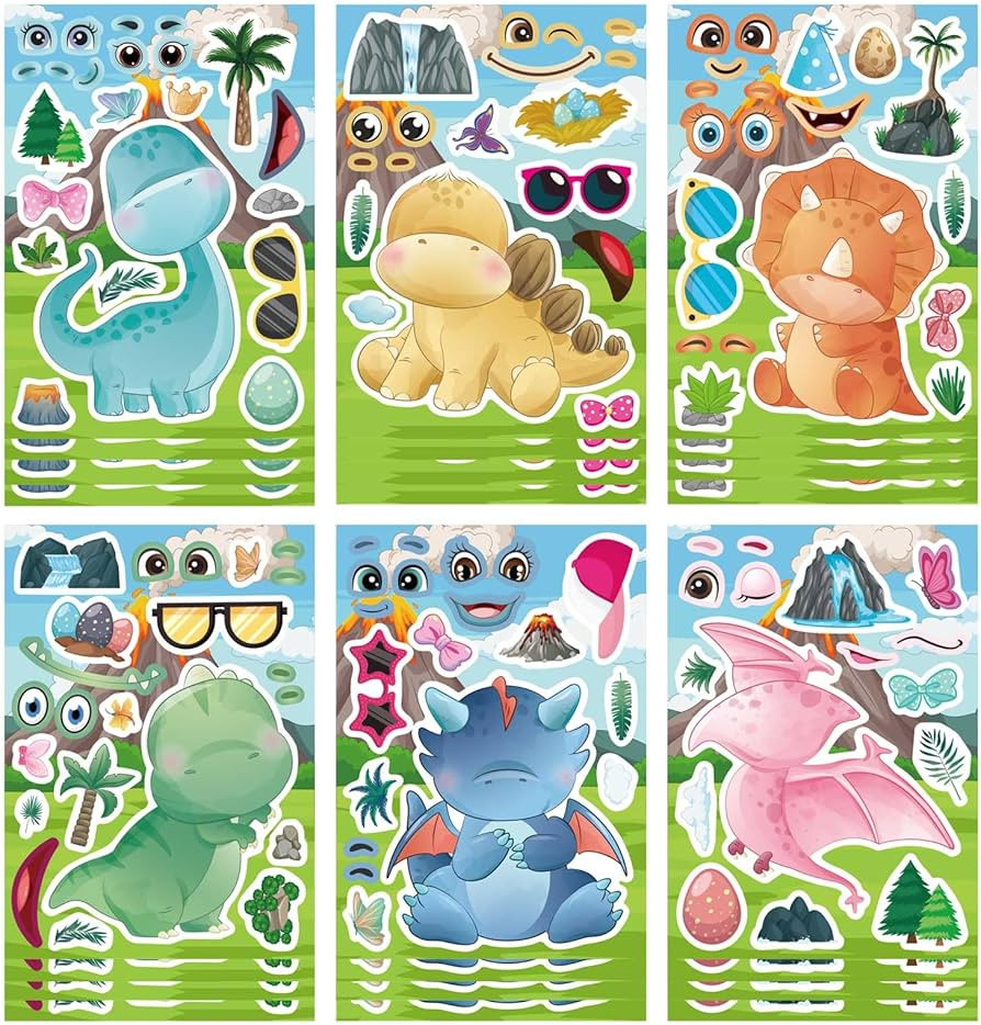24 Sheets Cute Dinosaur Stickers for Kids Toddler Make-a-face Stickers Make Your Own Dinosaur Sti... | Amazon (US)