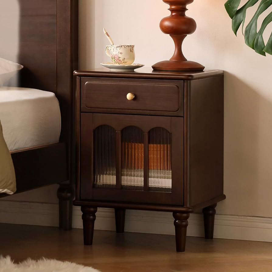 YESWOOD Solid Wood Nightstand with Drawer and Fluted Glass Door, Walnut Nightstands, Mid Century ... | Amazon (US)