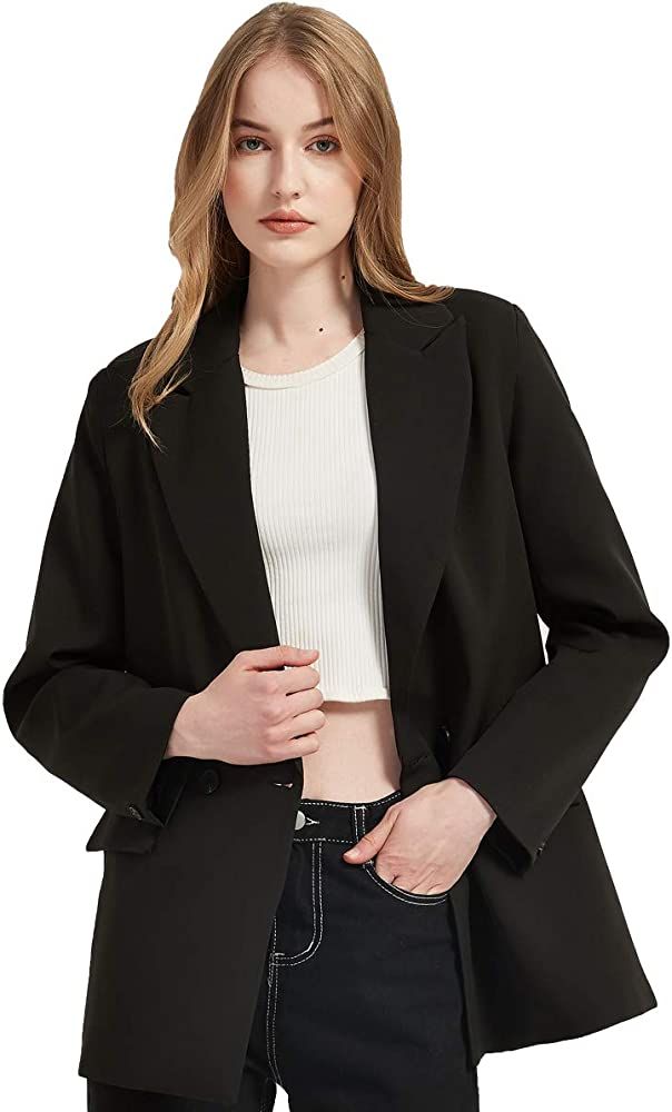 RZIV Women's Casual Long Sleeve Lapel Oversized Button Work Office Blazer Suit Jacket Black at Am... | Amazon (US)