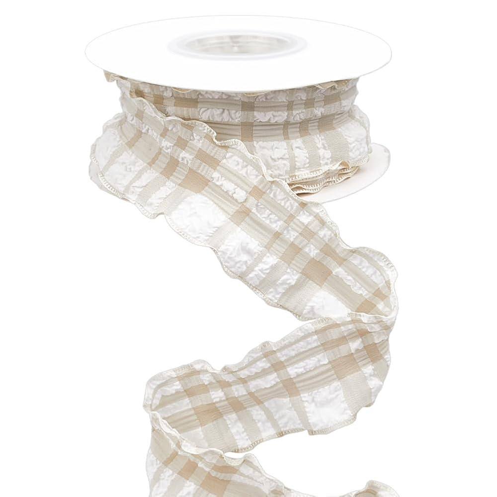 10 Yards 1.5 Inch Beige Plaid Ribbon Checkered Ribbon Tan Gingham Double Chiffon Ruffled Edge Pol... | Amazon (US)