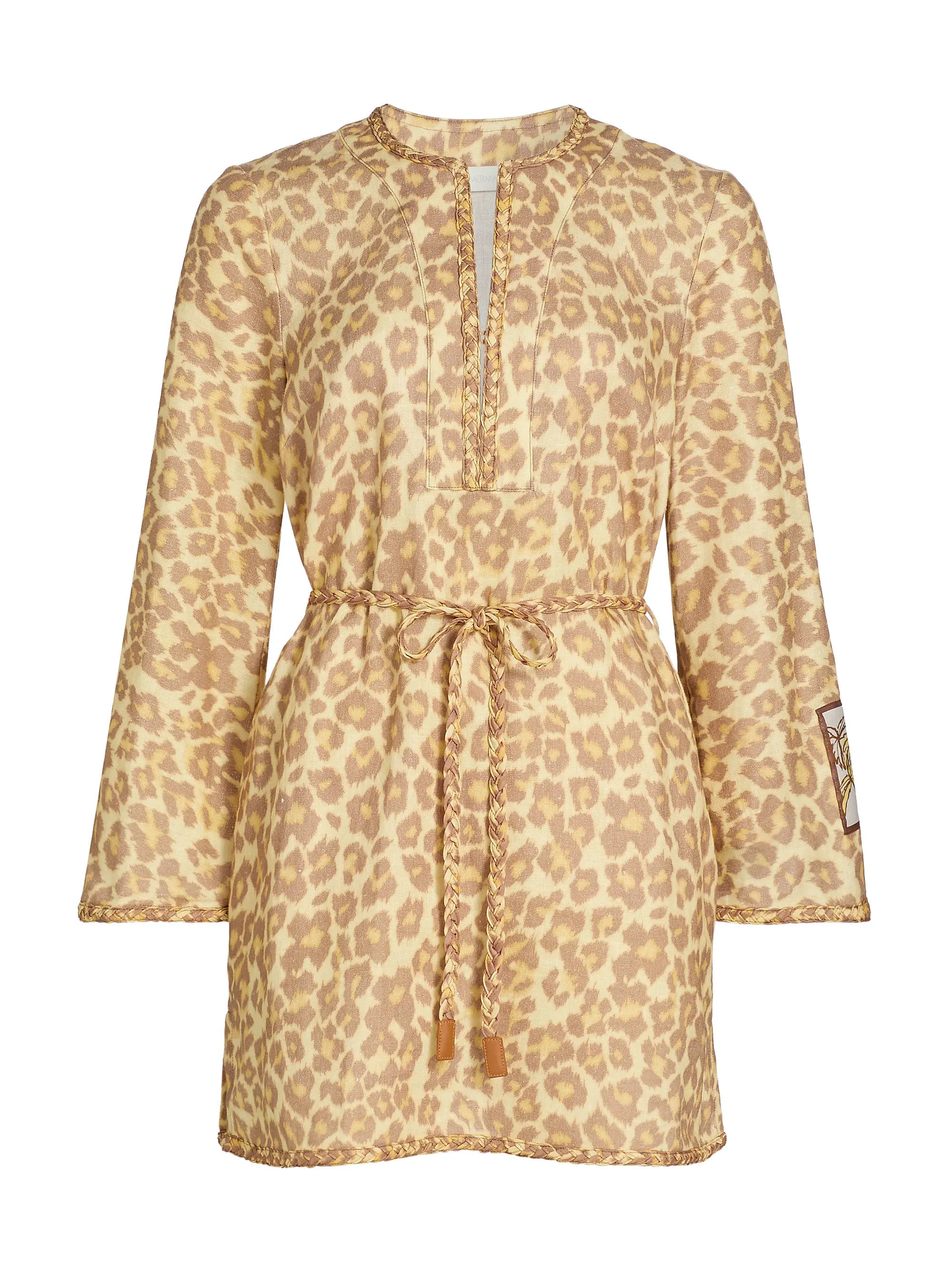 Awaken Braid-Trim Leopard-Print Linen Minidress | Saks Fifth Avenue