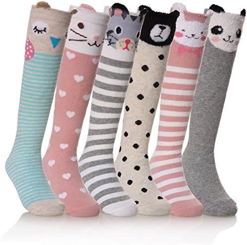 FNOVCO Girls Knee High Socks Kids Crazy Fun Gift Cute Animal Patterns Cotton Long Socks 6 Pairs | Amazon (US)