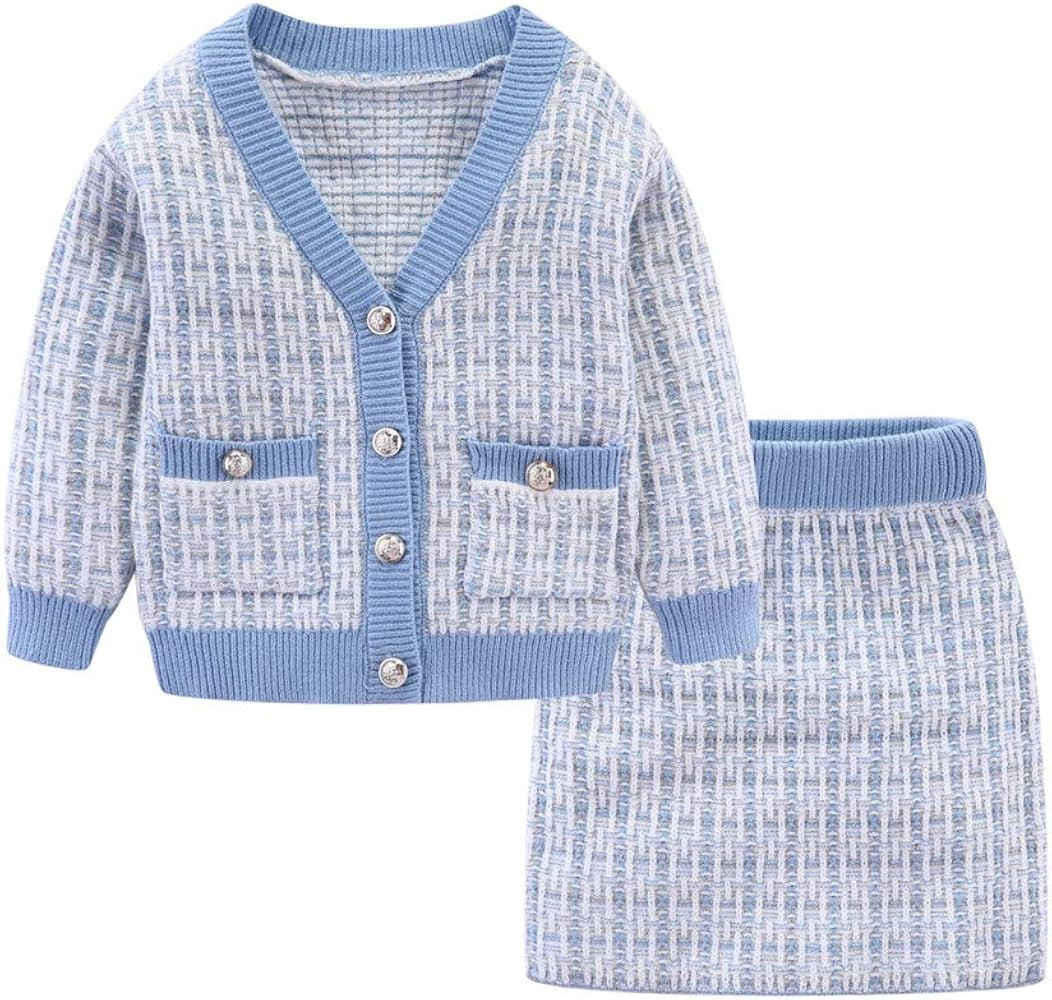 Cute Little Girls Ribbed Knit Cardigan Skirt Set School Style | Amazon (US)