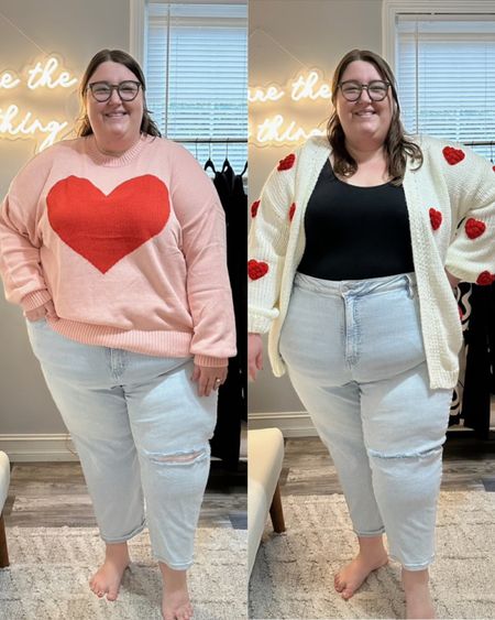 2 cute and casual plus size Valentine's/Galentine's Day looks! Which one would you wear? Caroline is wearing her favorite pair of straight leg denim from Target in a size 28 in both looks. She is wearing a heart sweater from Eloquii on the left in a size 26/28 and has paired a Torrid Foxy layering tank with a super cute cardigan from Arula in a size C on the right! 

#LTKSeasonal #LTKcurves #LTKstyletip