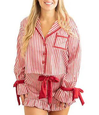 Long Sleeve Satin Striped Shorty Bow Holiday Pajama Set | Dillard's