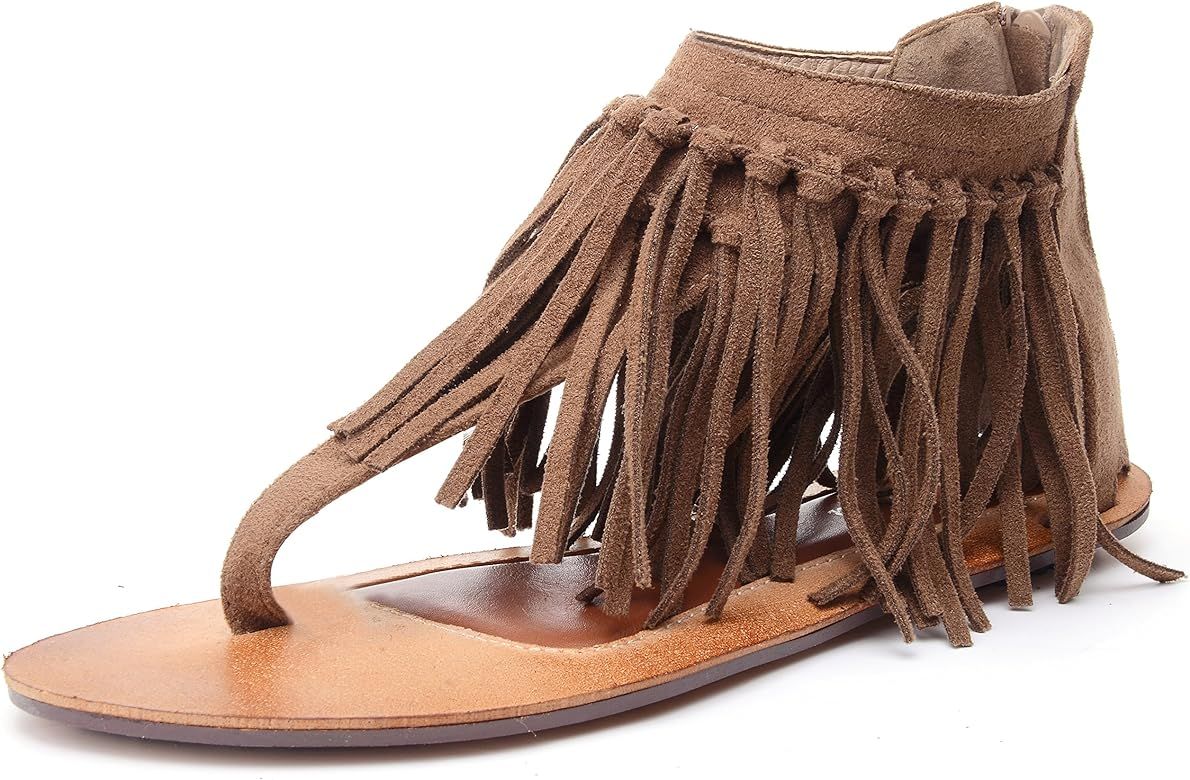 Odema Womens Flat Sandals Thong Sandals Faux Suede Tassel Zip T-Strap Sandals | Amazon (US)