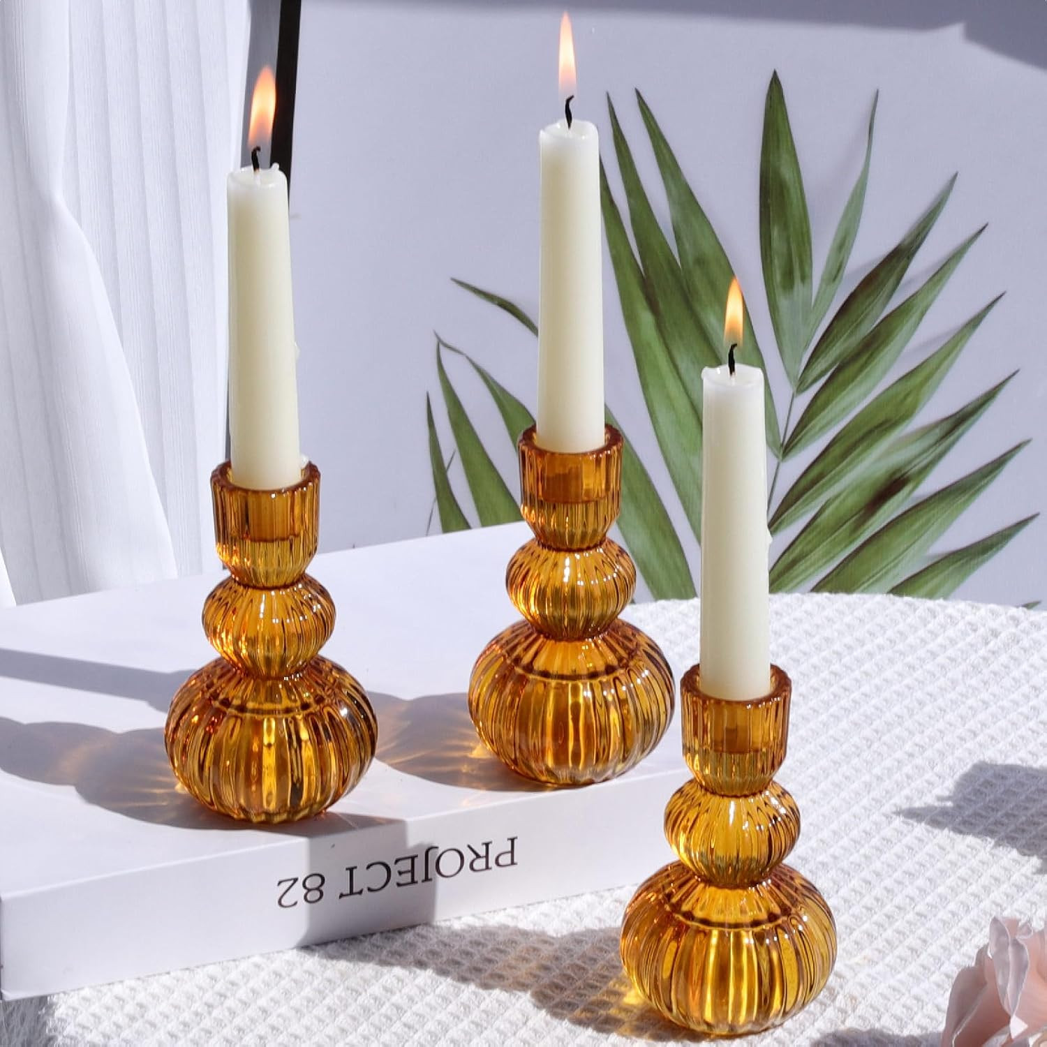 Woho Amber Taper Candle Holders 4.3" H for Halloween/Thanksgiving Decorations, Set of 3 Ribbed Glass Candlestick Holders Vintage for Fall Wedding, Boho Candle Sticks Holder Decor for Dining Table | Amazon (US)