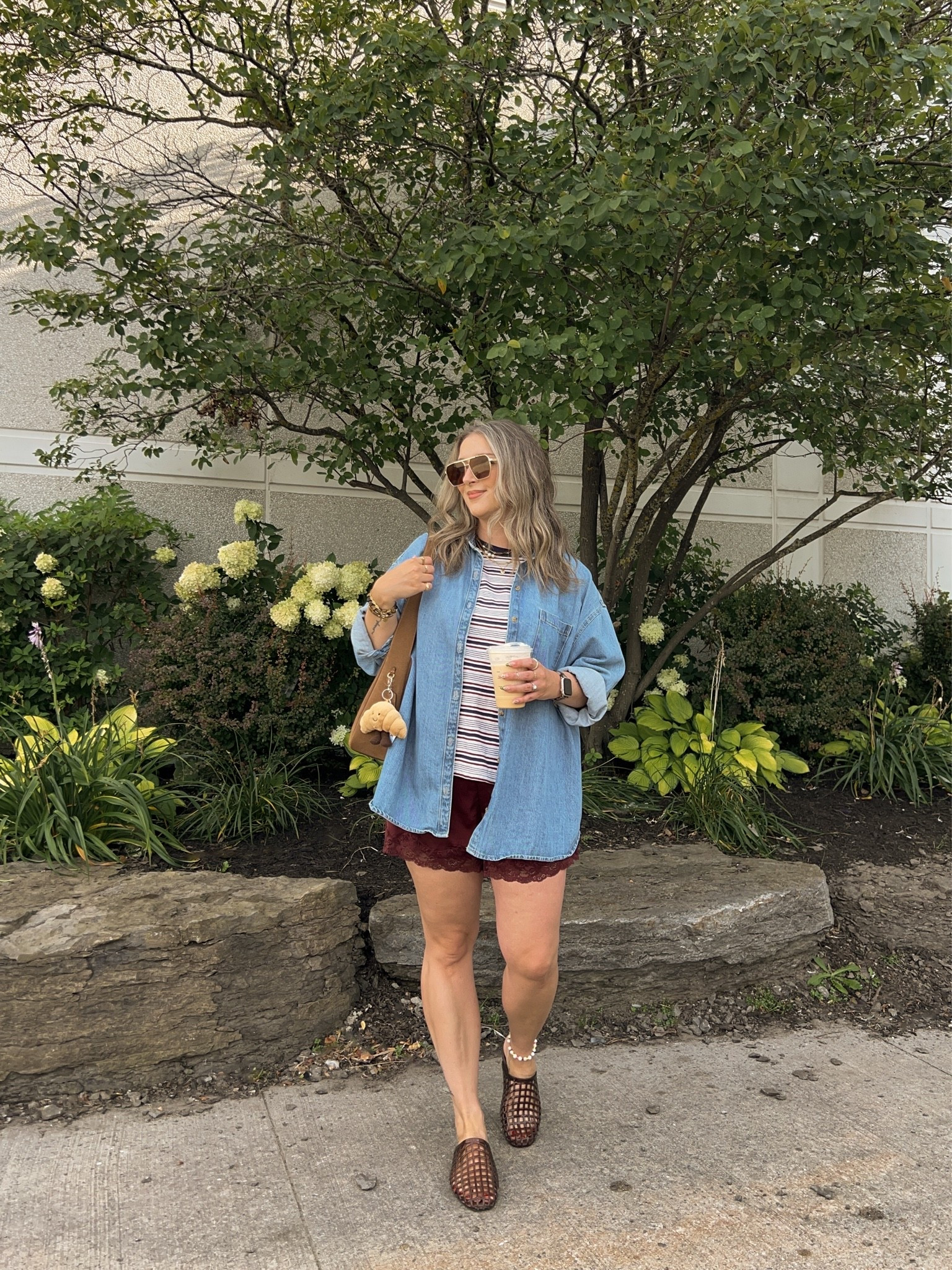 Fall transition outfit! Wearing L in the striped tee, M in satin lace shorts, L in the denim shirt. I’m a 9.5-10 shoe and wear a 10 in the jelly shoes. Canadian denim shirt & shoes link under “similar products”

#LTKfall #LTKsale #LTKmidsize