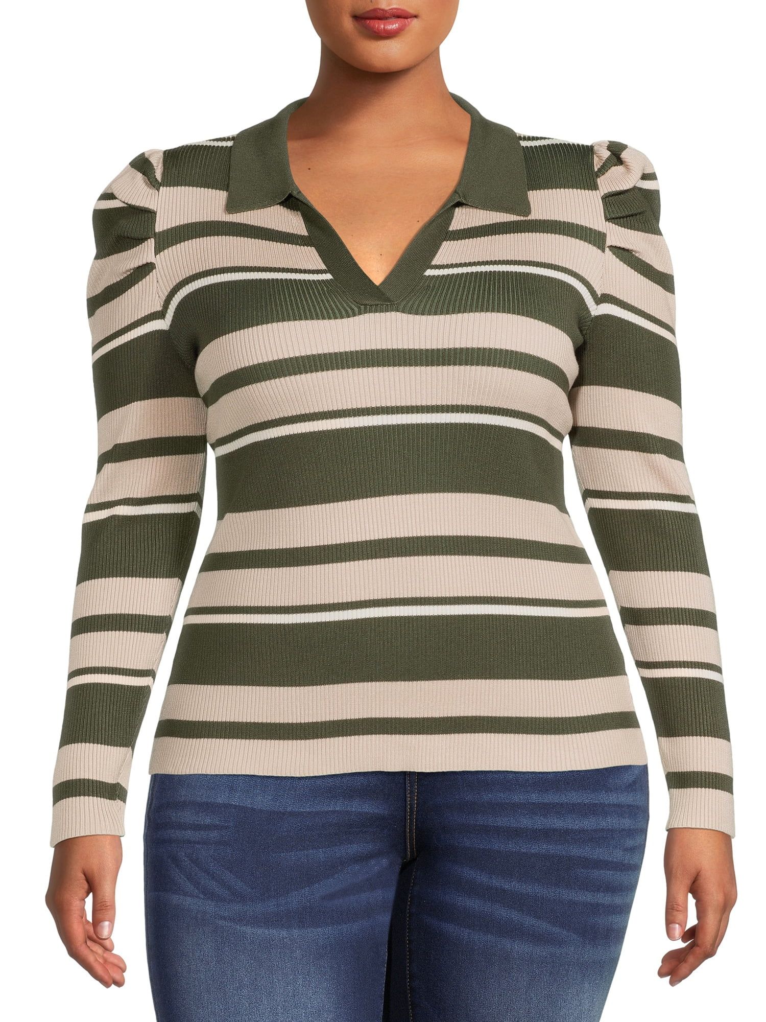 No Boundaries Juniors' Plus Size Johnny Collar Striped Long Sleeve Top | Walmart (US)