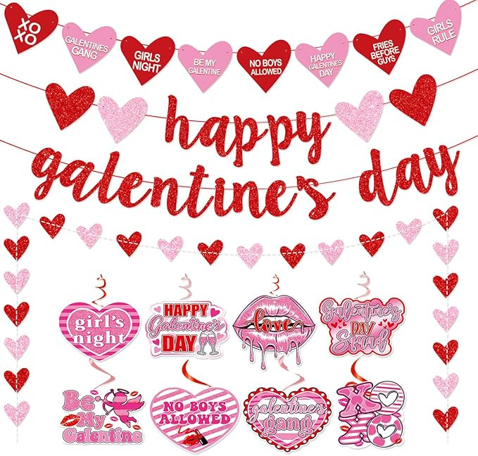 Happy Galentine's Day Banner, Red Glittery Galentine’s Day Decorations with Heart Garland Hangi... | Amazon (US)