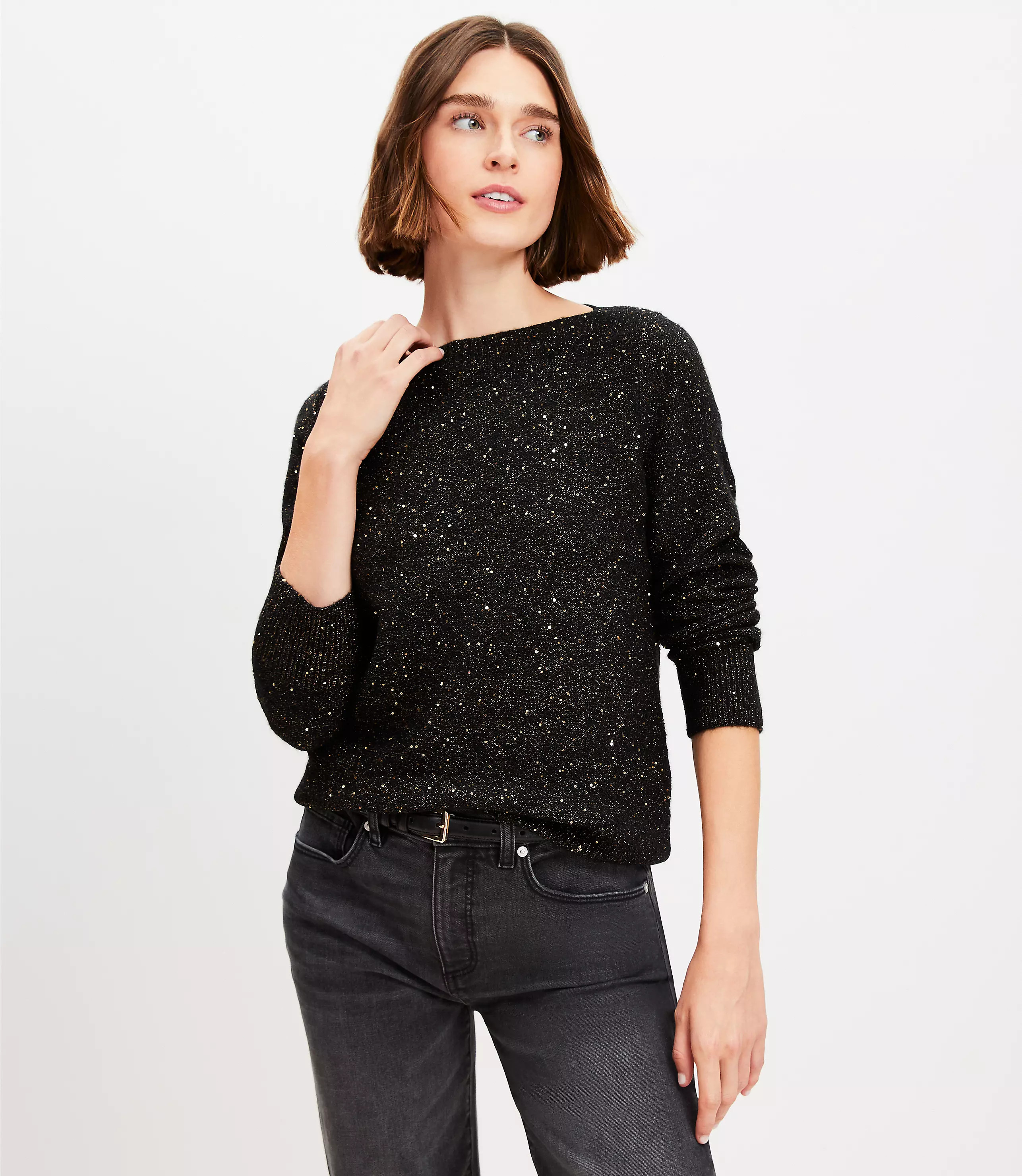 Petite Sequin Boatneck Ribtrim Sweater | LOFT