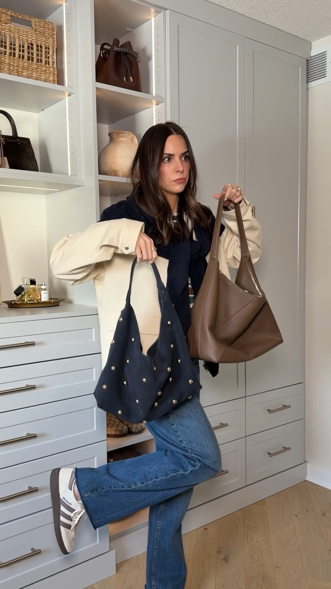 —Yesterday’s fit! 
Striped top: tts (S) 
Jeans: size down if between (wearing a 27 long and they have a loose fit) 5’7” 
Jacket: tts (S) oversized fit 
Sneakers: size down half 

Triangle scarf / winter outfits / January outfit ideas / casual chic / mom of 3 

#LTKmomlife #LTKgrwm #LTKootd