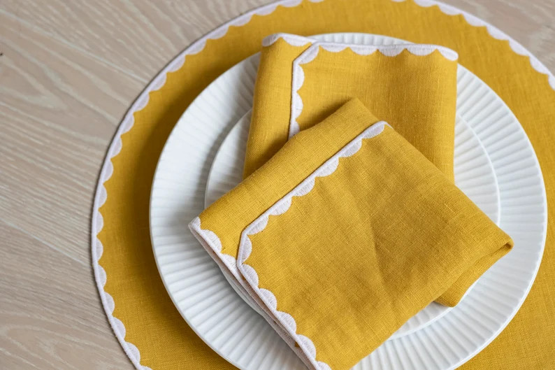 Yellow linen cloth scallop napkins set  for table decor set of 2, 4 or 6 | Etsy (US)