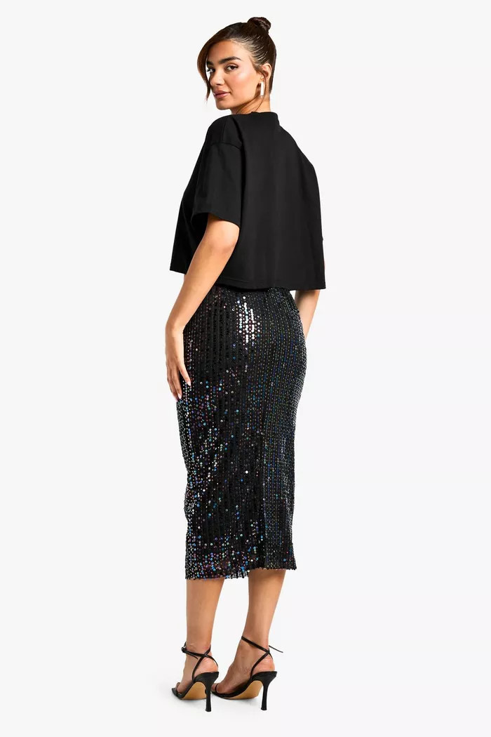 Rainbow Sequin Midi Skirt | boohoo (US & Canada)