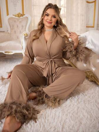 Plus Size Feather Decor Drawstring Long Sleeve & Pants Pajama Set | SHEIN