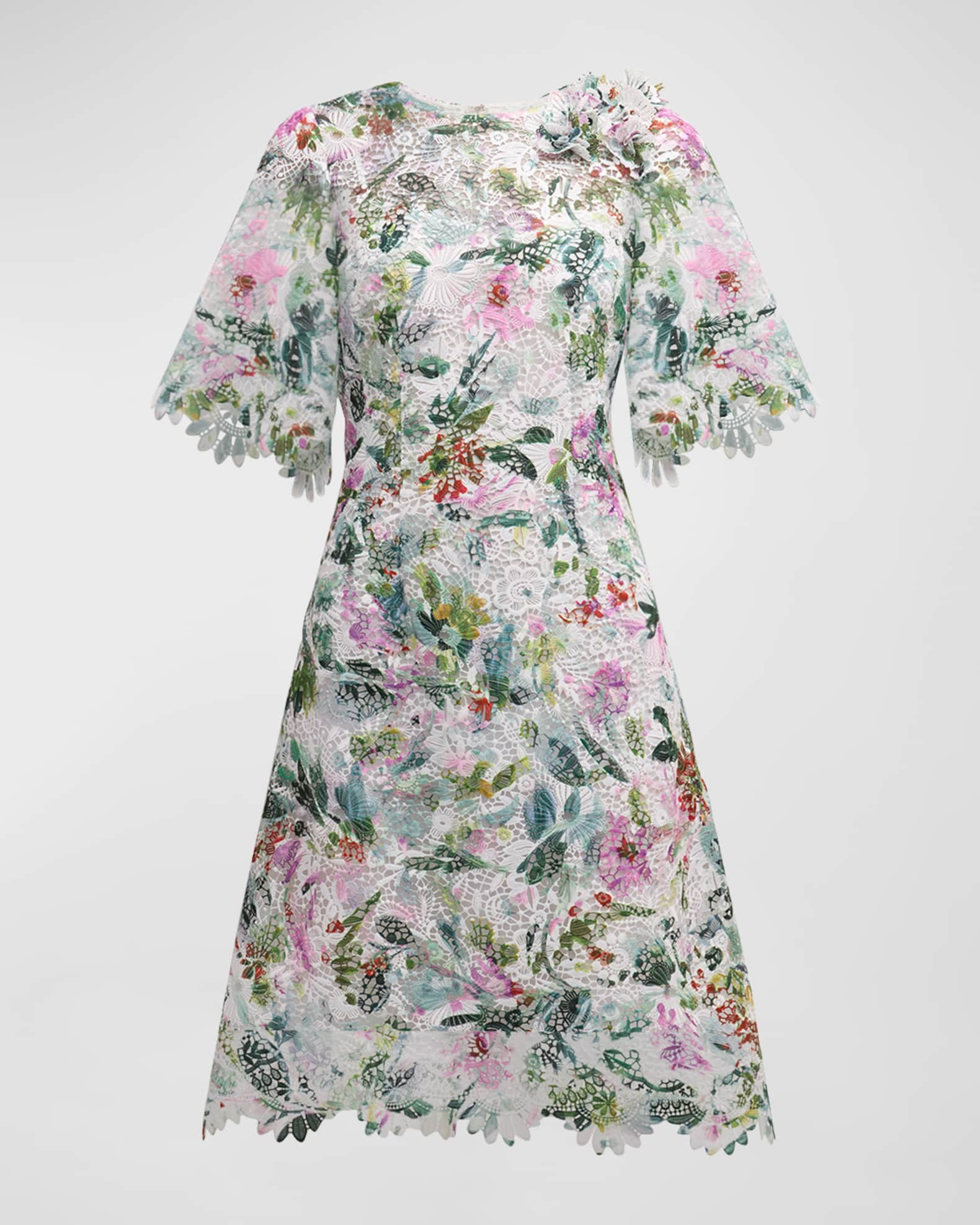 Rickie Freeman for Teri Jon Scalloped Floral-Print Lace Midi Dress | Neiman Marcus