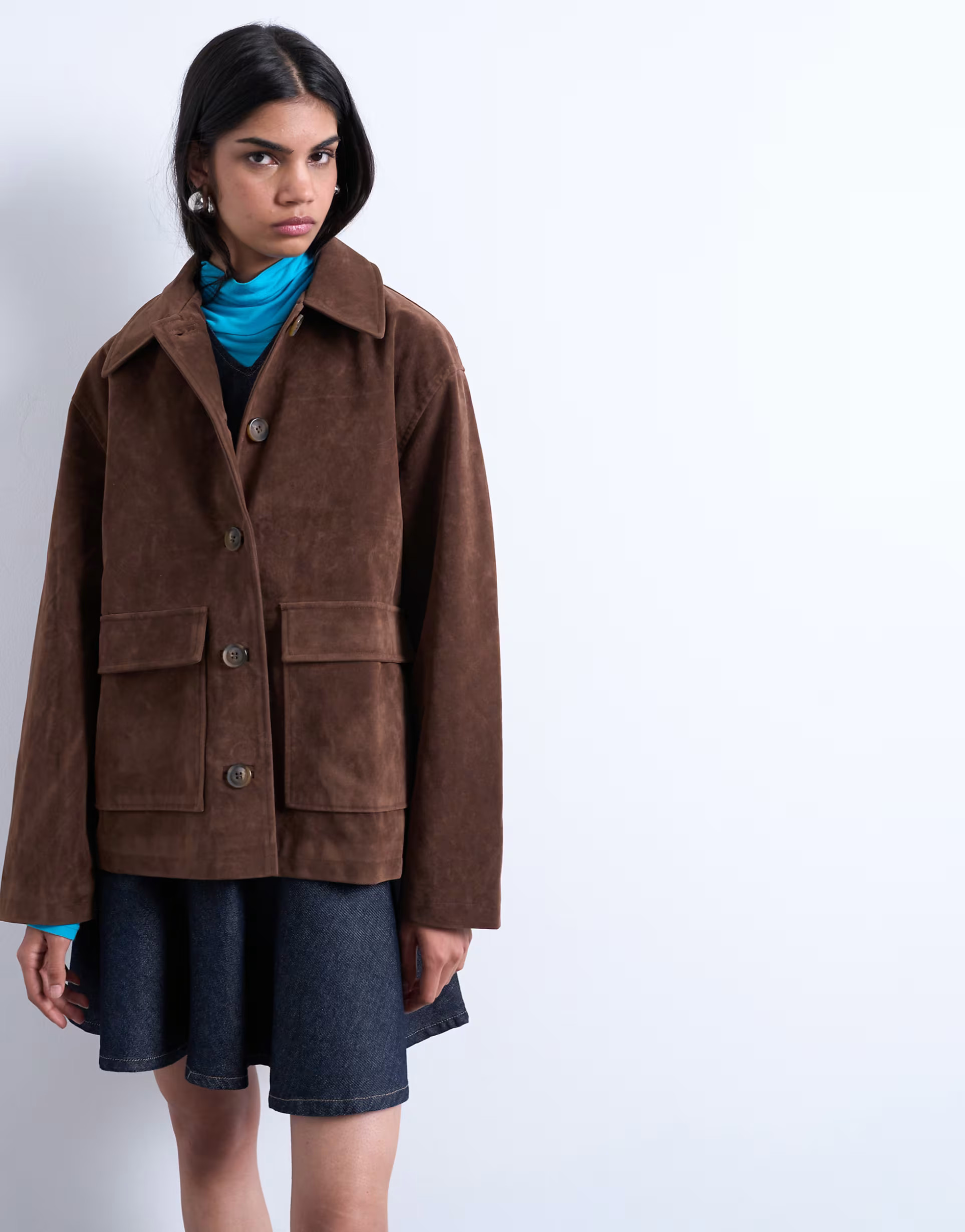 Topshop faux suede patch pocket boxy jacket in brown | ASOS | ASOS (Global)