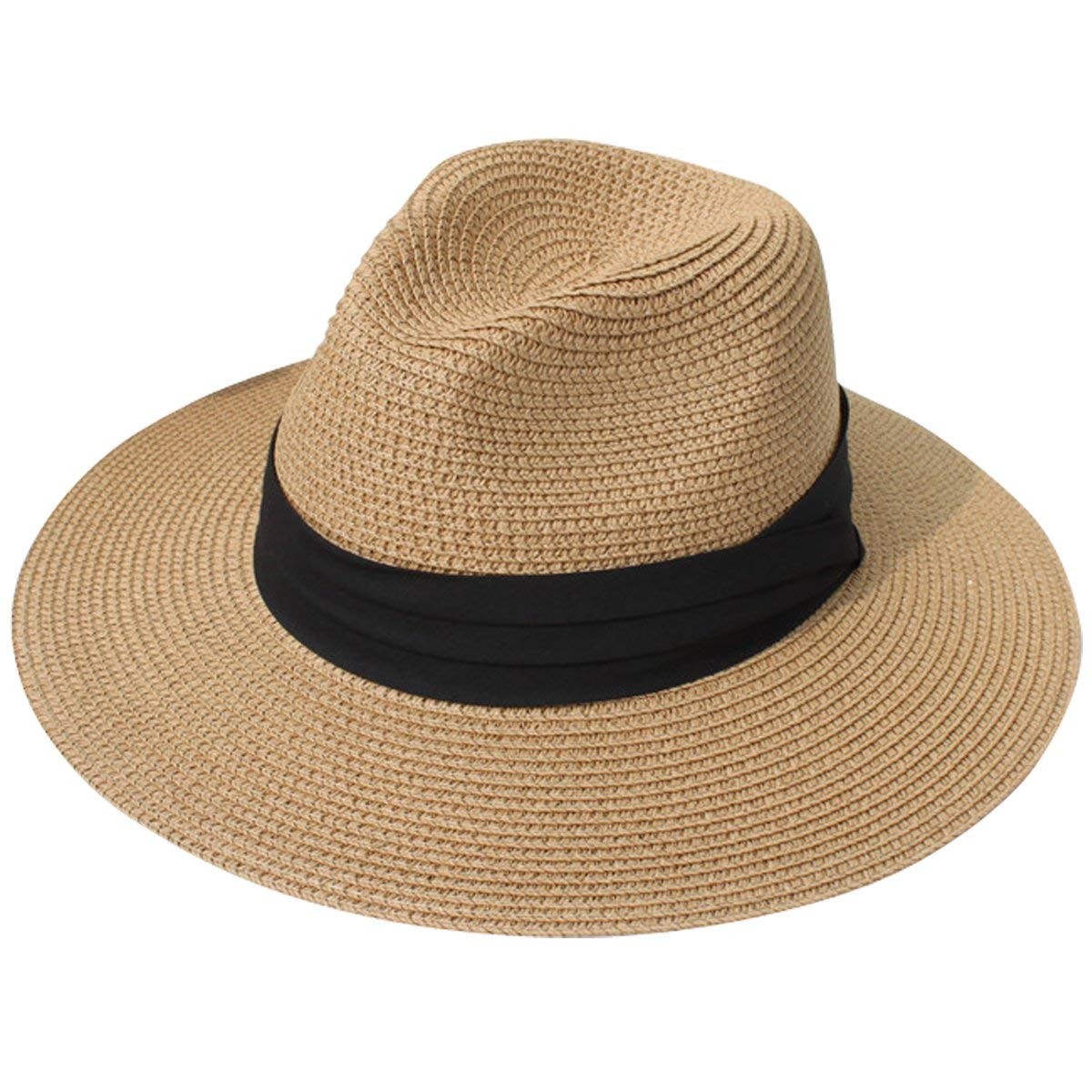 Lanzom Women Wide Brim Straw Panama Roll up Hat Fedora Beach Sun Hat UPF50+ | Amazon (US)