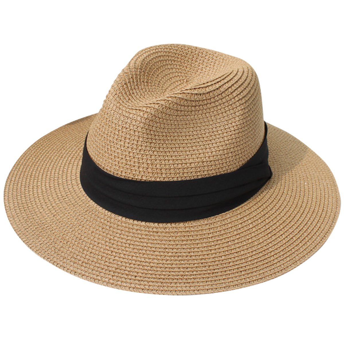 Lanzom Women Wide Brim Straw Panama Roll up Hat Fedora Beach Sun Hat UPF50+ | Amazon (US)