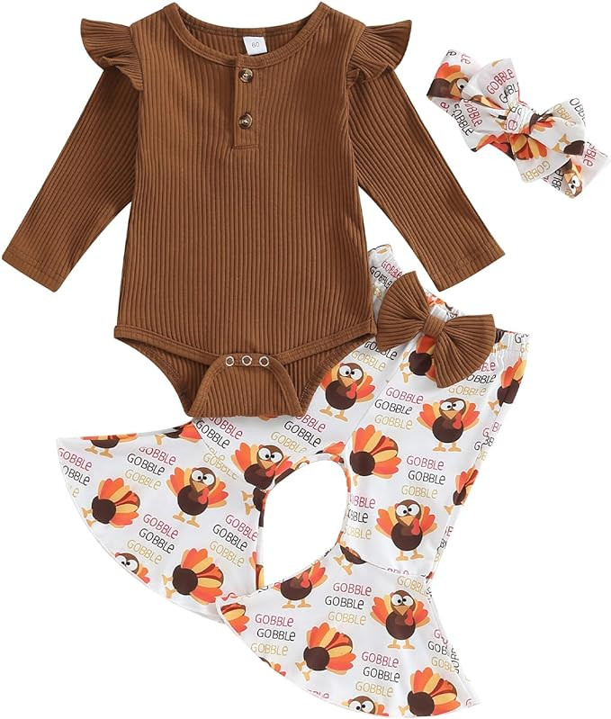 Kuriozud Newborn Baby Girl Bell Bottom Outfit Ruffle Romper Cute Bow Flare Pants Set Headband Cut... | Amazon (US)