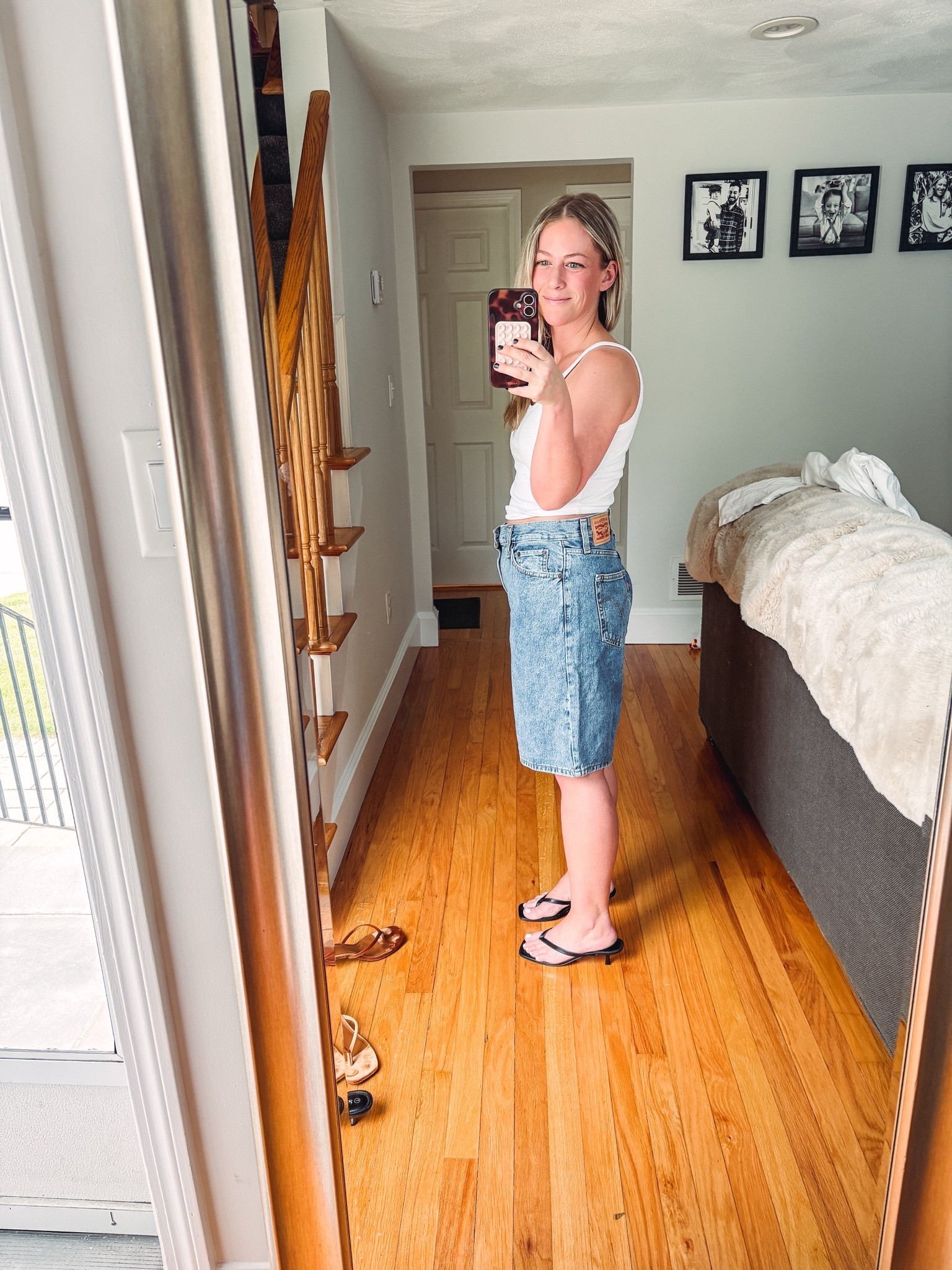 Target jorts 
Black leather thong sandals with a kitten heel (wide foot friendly!)
Perfect white tank

#LTKPetite #LTKSeasonal #LTKTravel