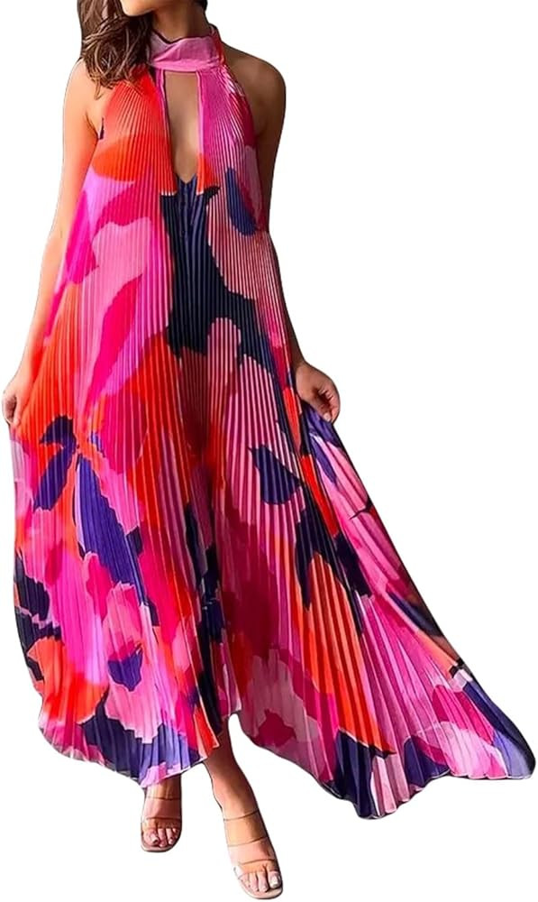 GGUHHU Womens Color Block Floral Maxi Halter Dress Hollowed V-Neck Backless Accordion Beach Dress... | Amazon (US)