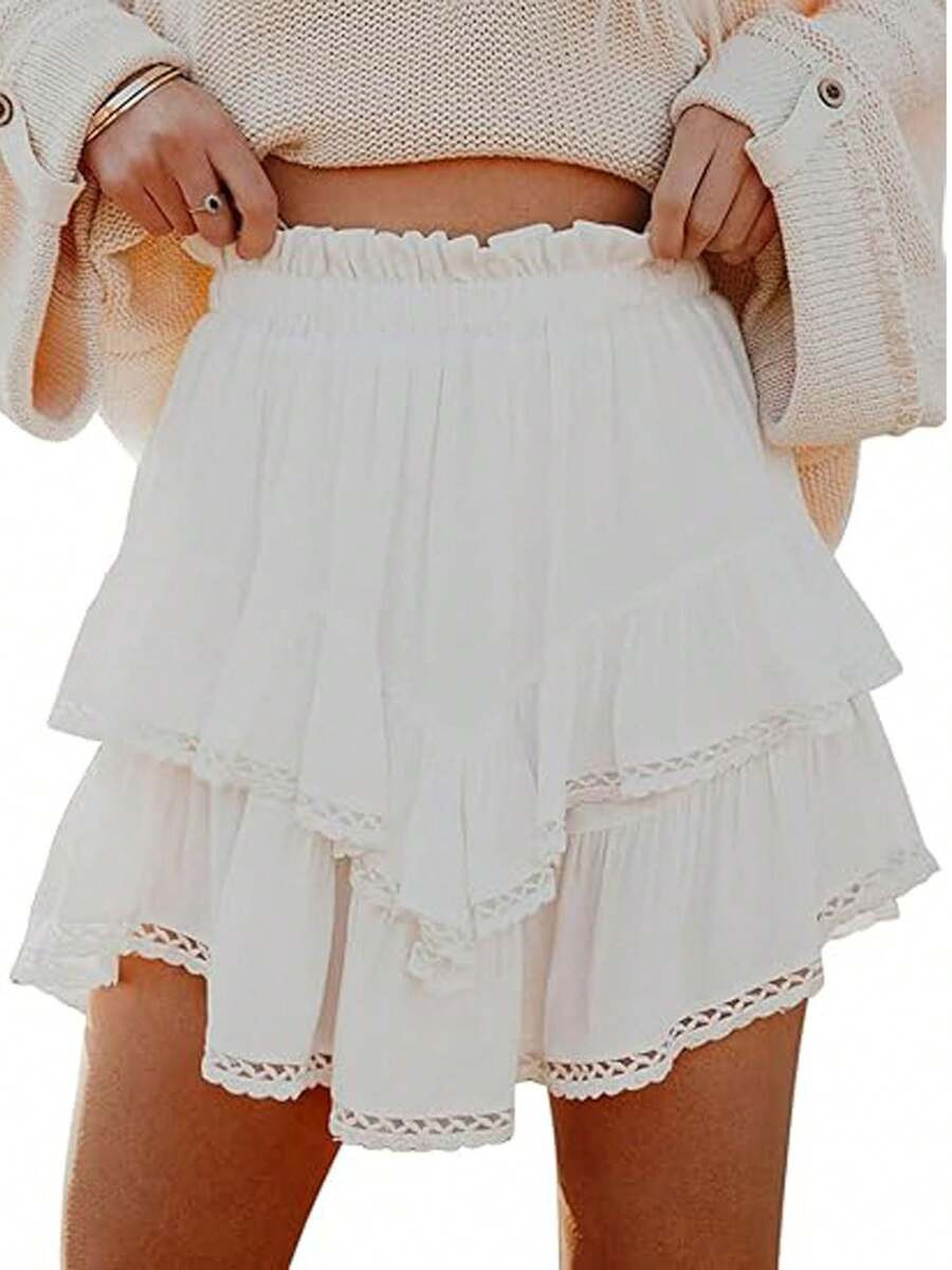 Women's Summer Skorts Casual Layered Ruffles Solid High Waist Mini Skirts With Shorts | SHEIN