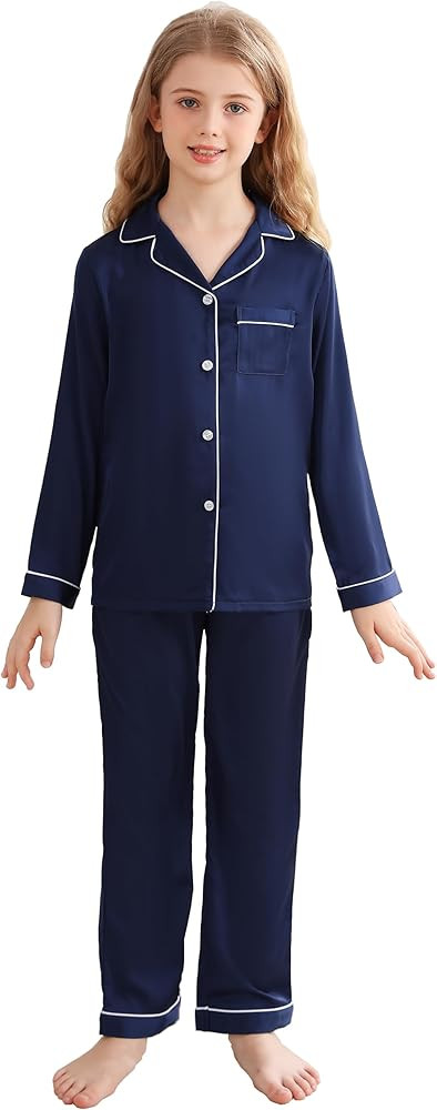 Veseacky Unisex Satin Pajamas Set Boys Girls Silk Pjs Short Sleeve 2 Piece Sleepwear Button-Down ... | Amazon (US)