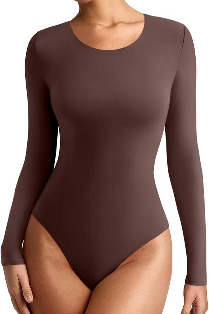 REORIA Womens Long Sleeve Bodysuits Fall Basic Round Neck Lightweight Double Lined Layering Slim ... | Amazon (US)