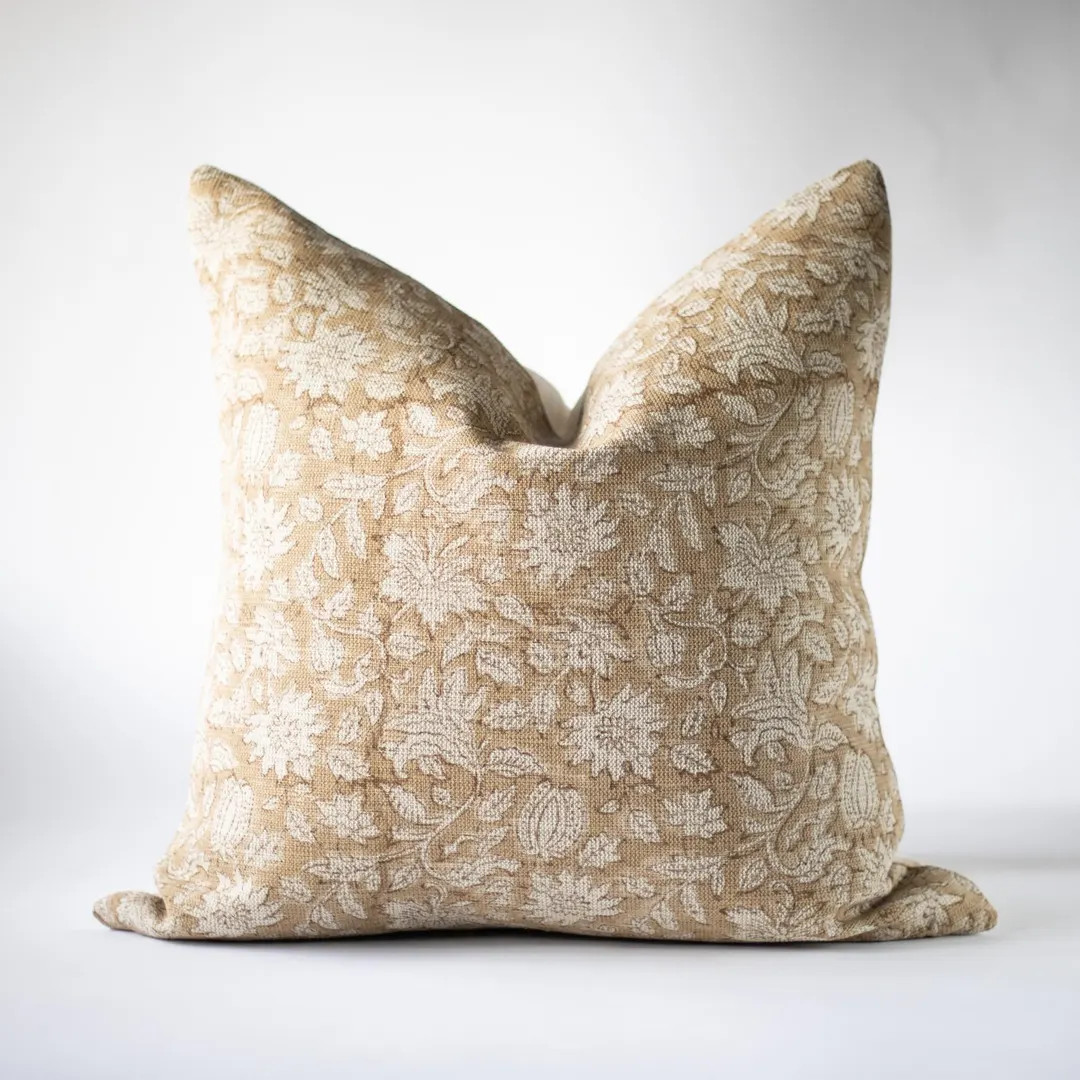 Light Brown Floral Block Print Pillow Cover, Designer Linen Throw Pillows, Neutral Hand Blocked P... | Etsy (US)