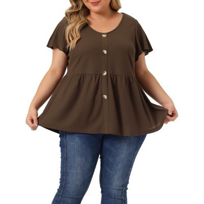 Agnes Orinda Women's Plus Size Texture Crew Neck Flare Sleeve Button Decor Ruffle Summer Peplum Shirts 4X Coffee | Target