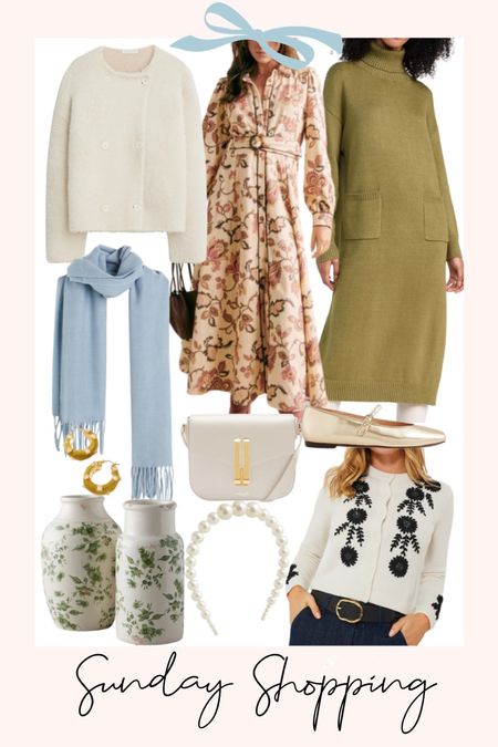 Fall outfits. Floral maxi dress. Sweater dress. Fall jacket. Scarf. Floral vase. Pearl headband. Fall handbag. Gold Mary janes. 
.
.
.
… #ltkitbag #ltkshoecrush #ltkhome #ltkworkwear 

#LTKSeasonal #LTKover40 #LTKstyletip