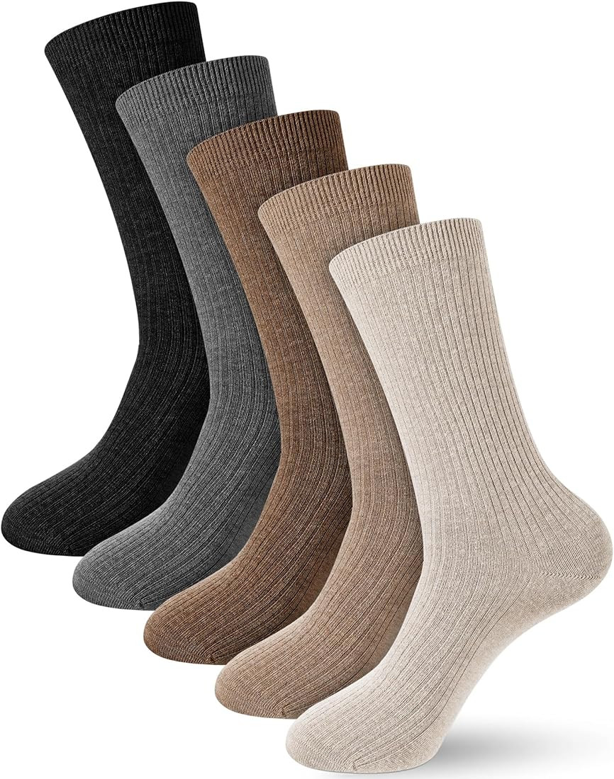 Shihanee 5 Pairs Cashmere Wool Crew Socks for Women Soft Ribbed Knit Cotton Socks Fall Winter Neu... | Amazon (US)